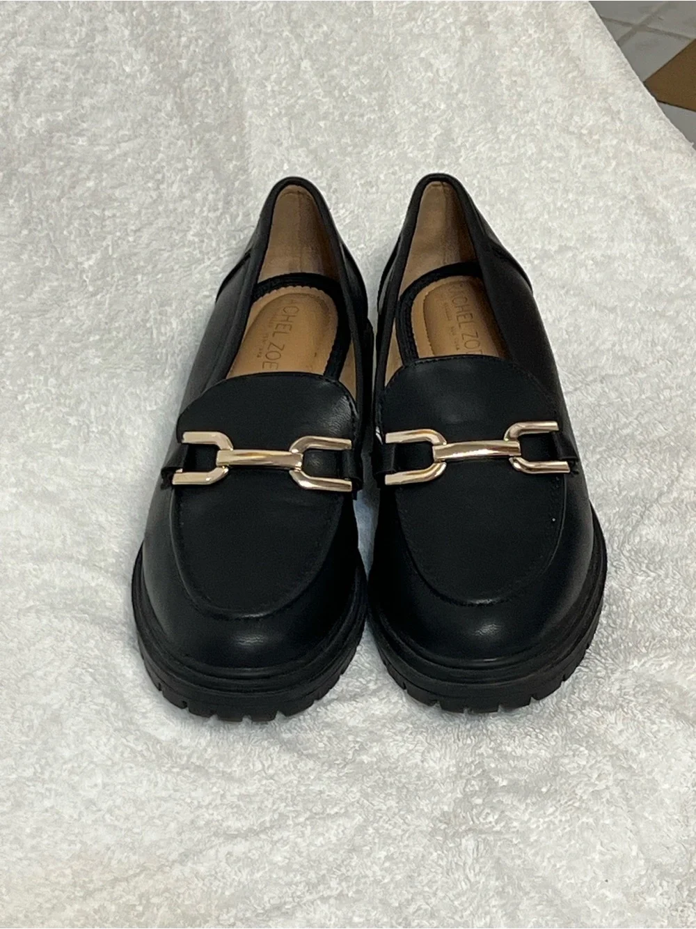 Rachel Zoe Black Leather Loafers with Gold Chain Detail
